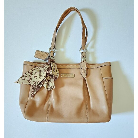 Coach East/West F15147 Camel Leather Satchel Tote Bag w/Scarf - Picture 1 of 7